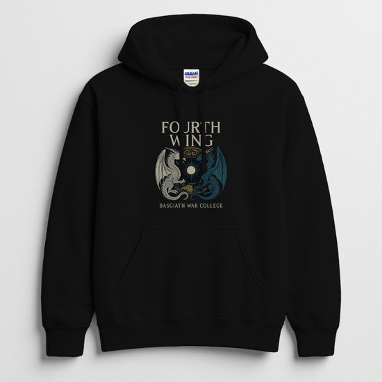 Zwarte hoodie met Four Wing-opdruk: witte en blauwe draken rond een zon met tekst Basgiath War College.