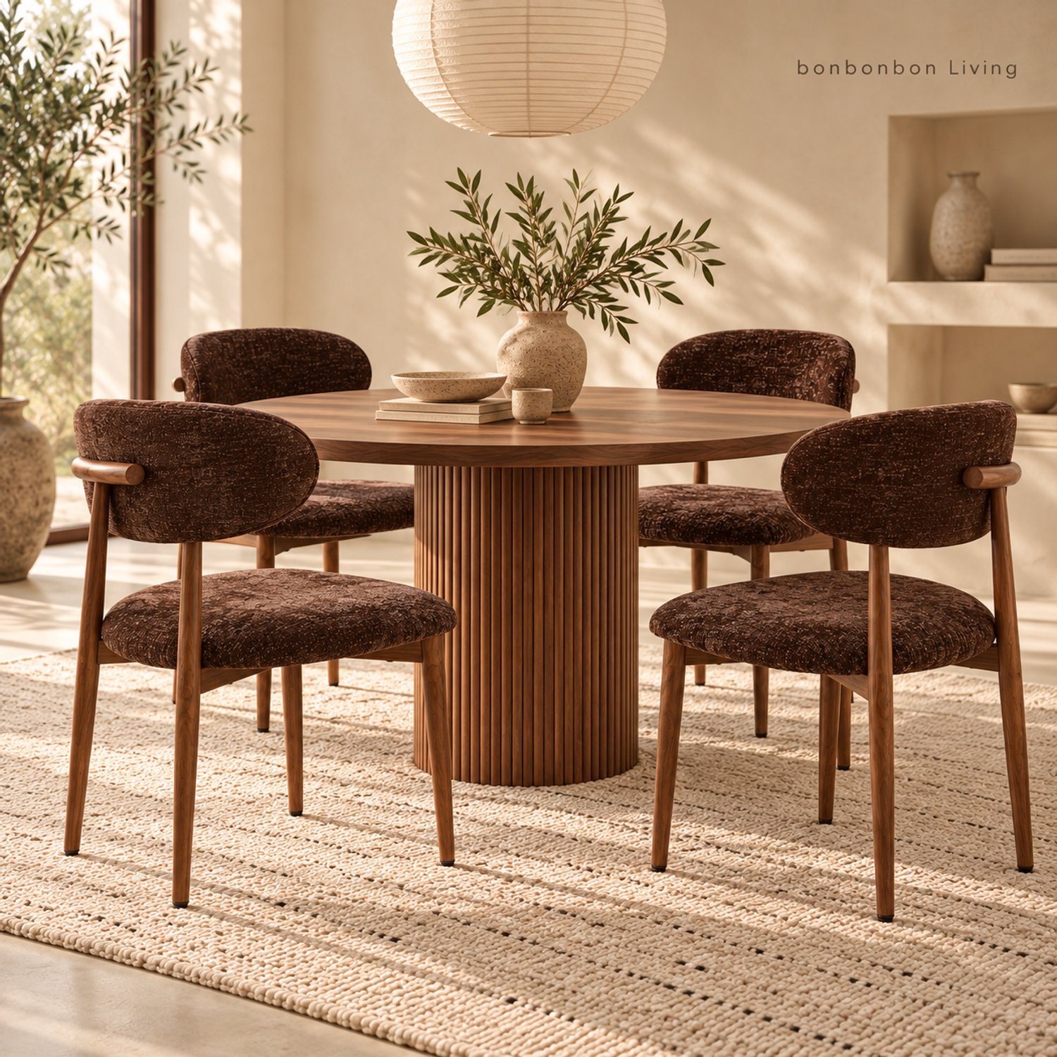 BONBON LIVING Eetkamerstoelen Set van 4 – Donkerbruin Velvet – Japandi Eetstoelen met Walnootkleurige Poten – Japanse Stijl – Moderne Gestoffeerde Stoelen voor Eetkamer & Woonkamer