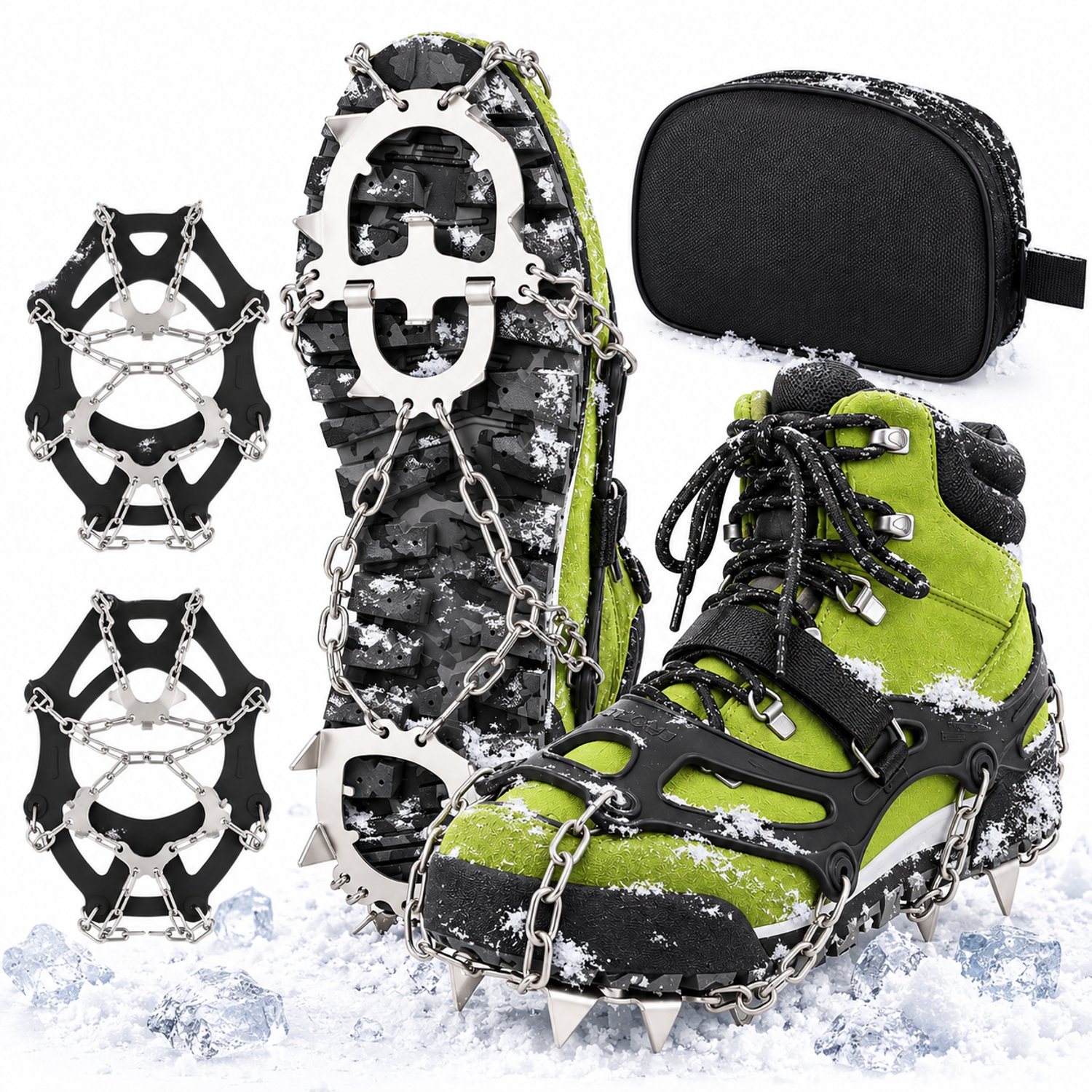 MOZY® Sneeuwspikes – Inclusief Tasje – met 12 Spikes per Schoen Klittenband Sneeuwgripzolen Stijgijzers Crampons IJs Spikes Winter Hiken Sneeuwkettingen Wintersport Zwart