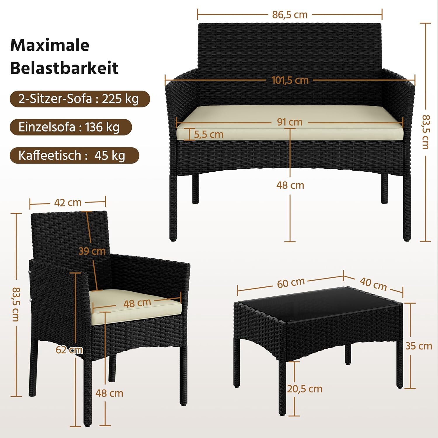 Yaheetech 4-delige tuinmeubelset, balkonmeubelset van polyrotan, terrasmeubilair voor buiten met tweezitsbank, 2 stoelen, tafel en zitkussens voor terras/balkon/tuin, zwart en beige