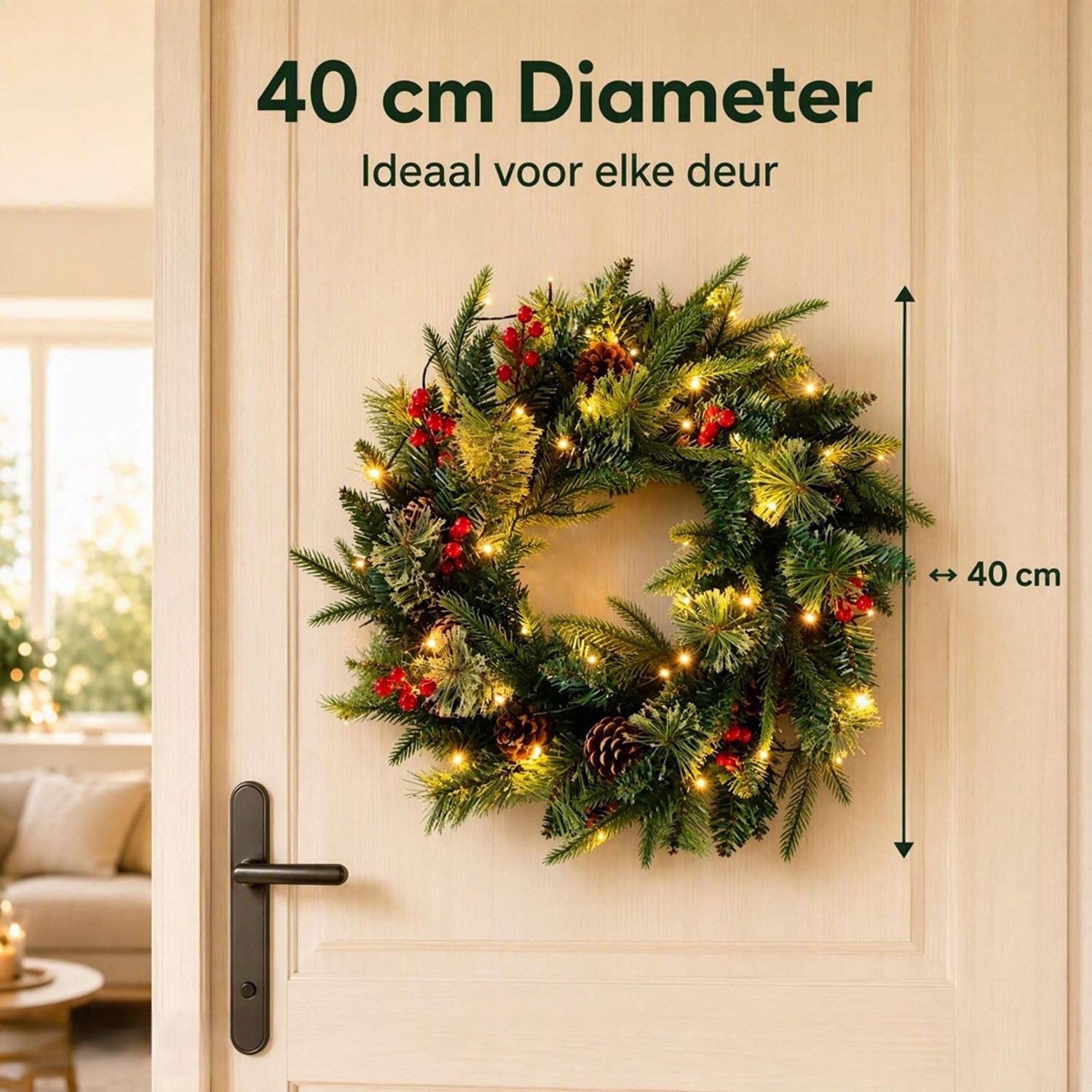 Premium Kerstkrans 40 cm met LED Verlichting – Kunstkerstkrans met Rode Bessen en Dennenappels – Kerstdecoratie voor Deur, Raam en Muur – 8 Lichtstanden – foto 4