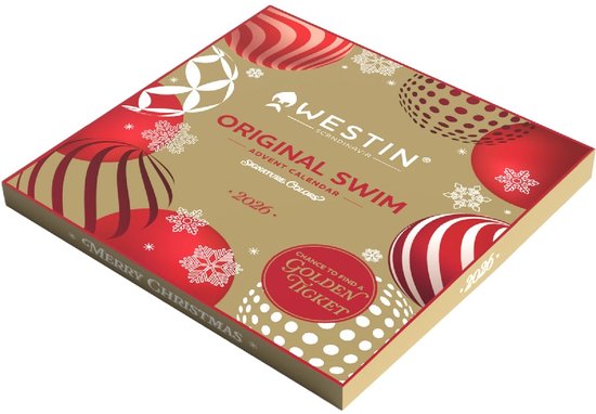 Gouden Westin 2026 adventskalender met kerstballen, sneeuwvlokken en een 'Golden Ticket' winactie.
