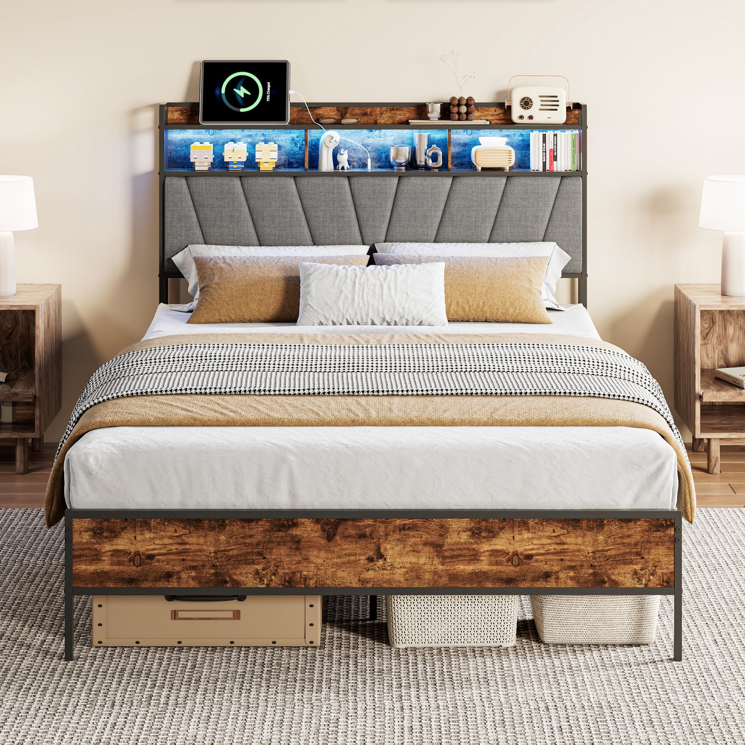 Metalen Bed 140x200 cm, Tweepersoonsbed met Lattenbodem, hoofdbord met ledverlichting en USB- en Type-C-aansluiting, Grijs Linnen, Zonder matras