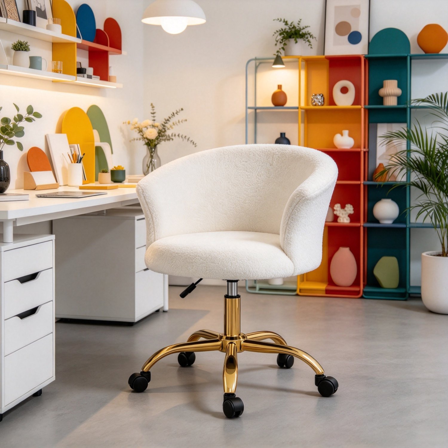 Clruro Bureaustoel - 58x56x68-76 cm - Ergonomisch - Verstelbaar - Teddy en Staal - Wit/Goud Goud, wit