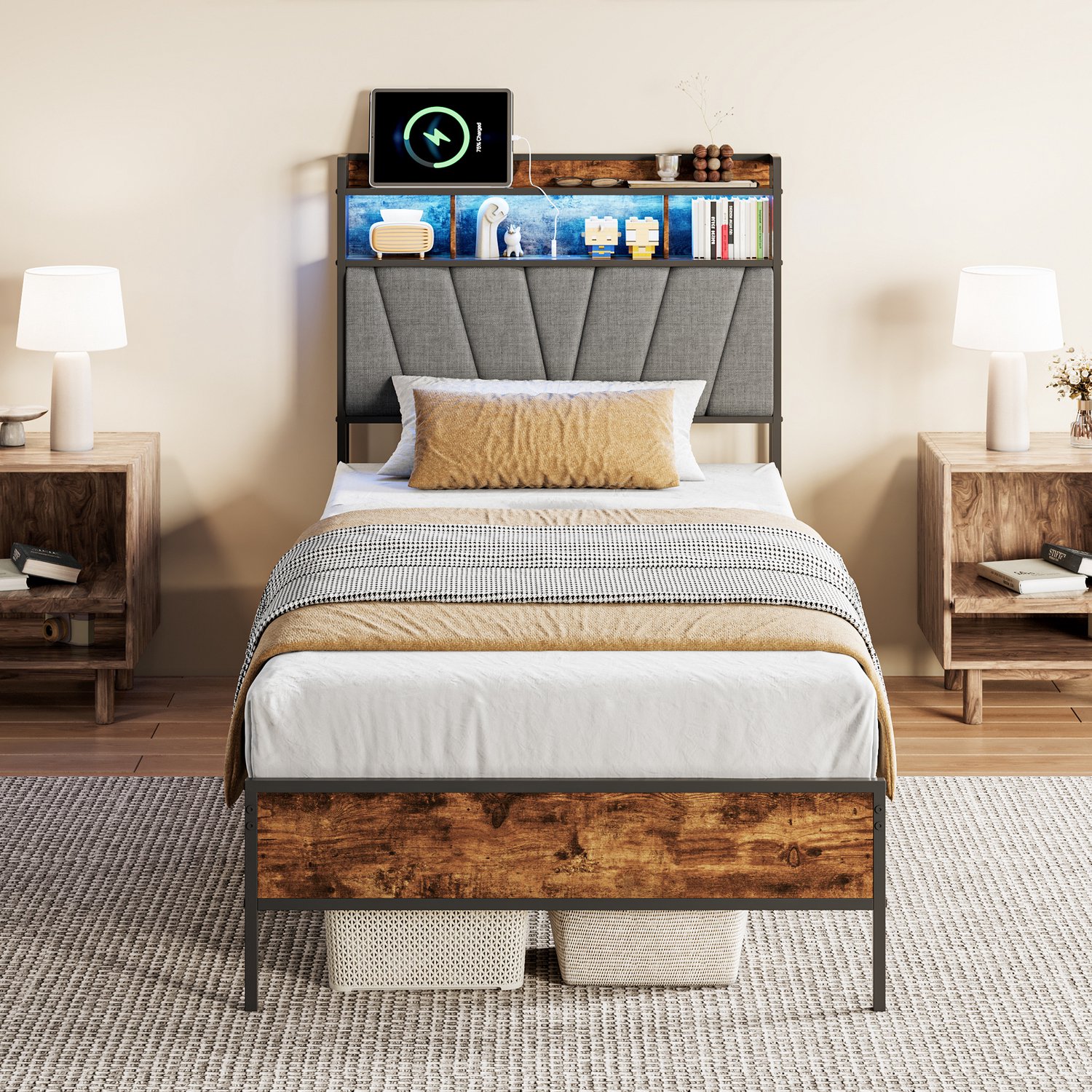 Metalen Bed 90x200 cm, Eenpersoonsbed met Lattenbodem, hoofdbord met ledverlichting en USB- en Type-C-aansluiting, Grijs Linnen, Zonder matras