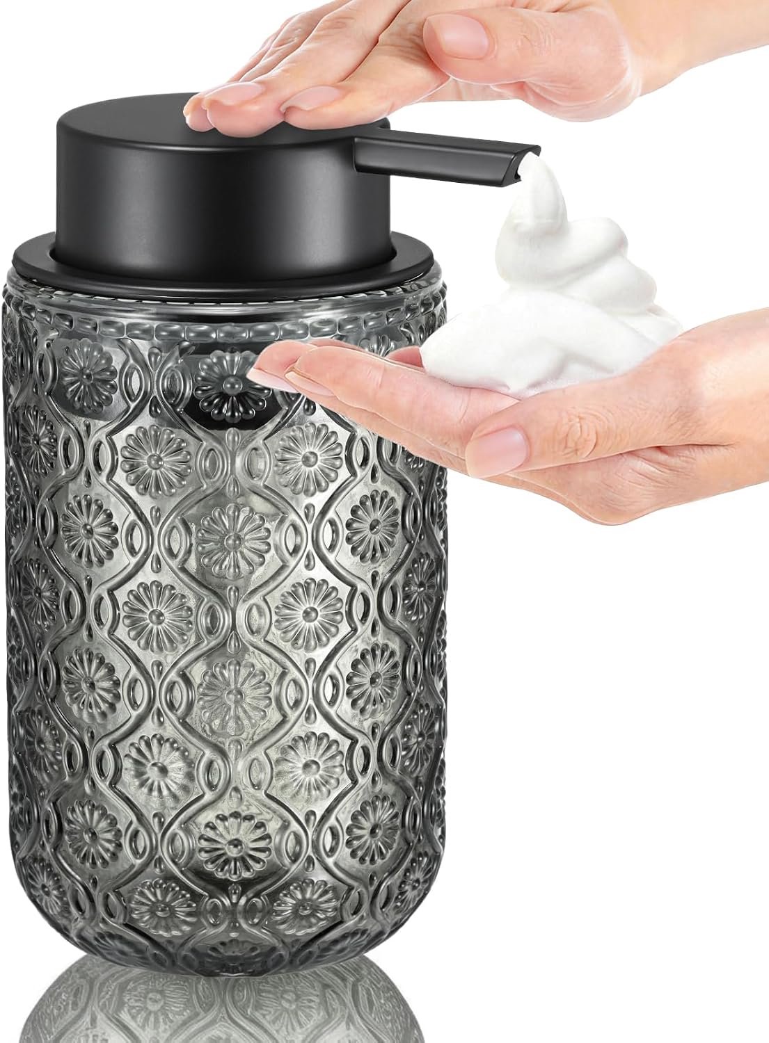 KZQ Zeepdispenser – Glazen fles voor schuimende handzeep – Schuimdispenser met vintage begoniamotief - Met pomp – 400 ml – Grijs