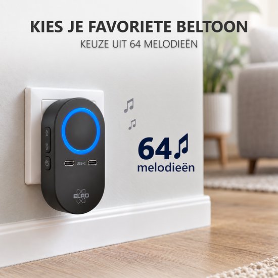 ELRO DB6000 Draadloze Kinetische Deurbelset - Met 2x USB-C Snellaadpoorten - Geen Batterijen Nodig — afbeelding 5