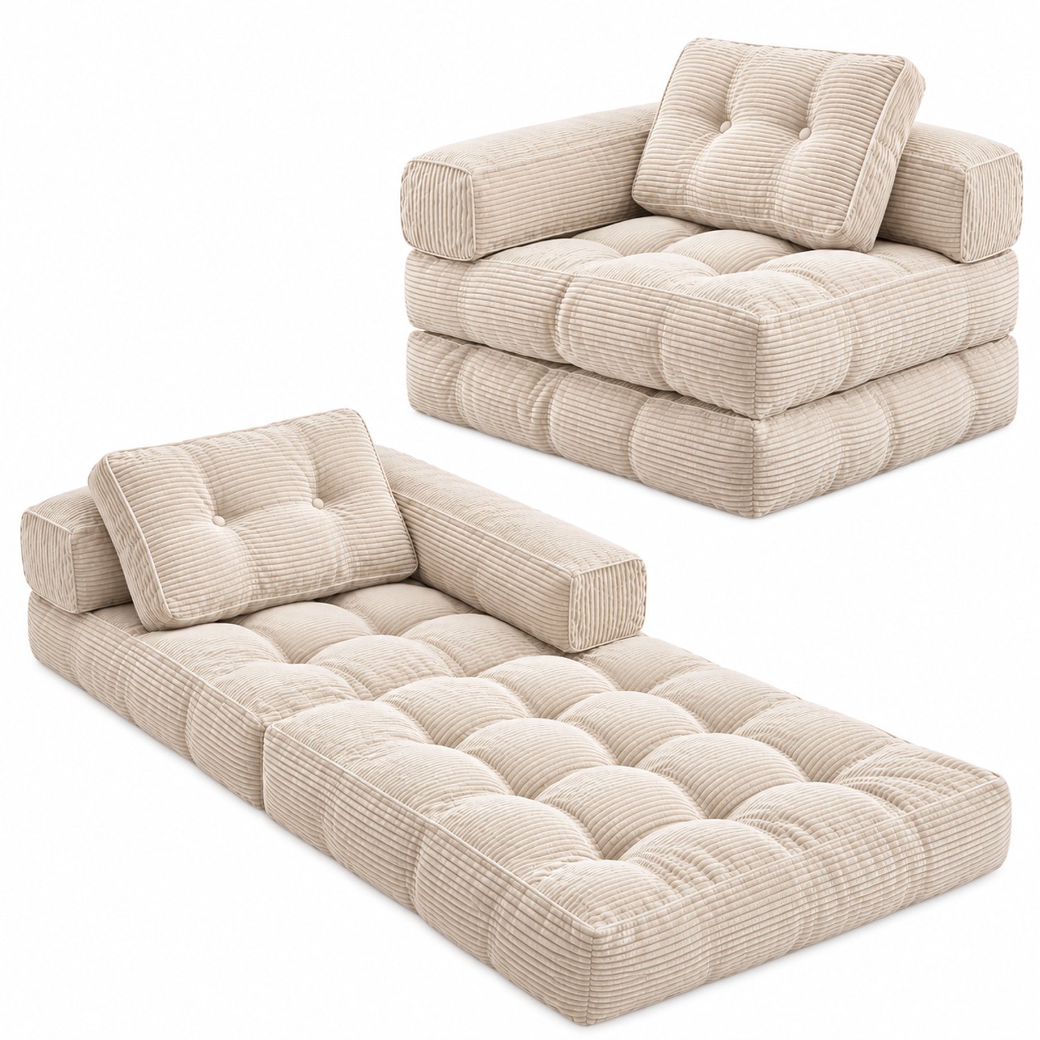 Tremeo 2-in-1 Slaapbank - Beige - Inklapbaar Bed - Zacht ribfluweel - Slaapfauteuil - Royale schuimvulling - Slaapstoel - Fauteuil