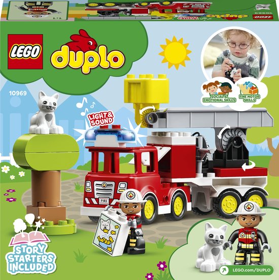 Verpakking LEGO Duplo 10969 Brandweerauto met afbeeldingen van het speelgoed en ontwikkelingsvoordelen.