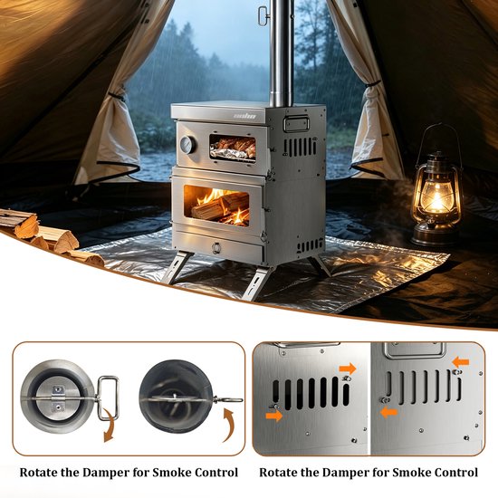 unho Tentkachel met oven - RVS houtkachel - Afneembare oven met thermometer - Zilver 5条 Highlights — afbeelding 5