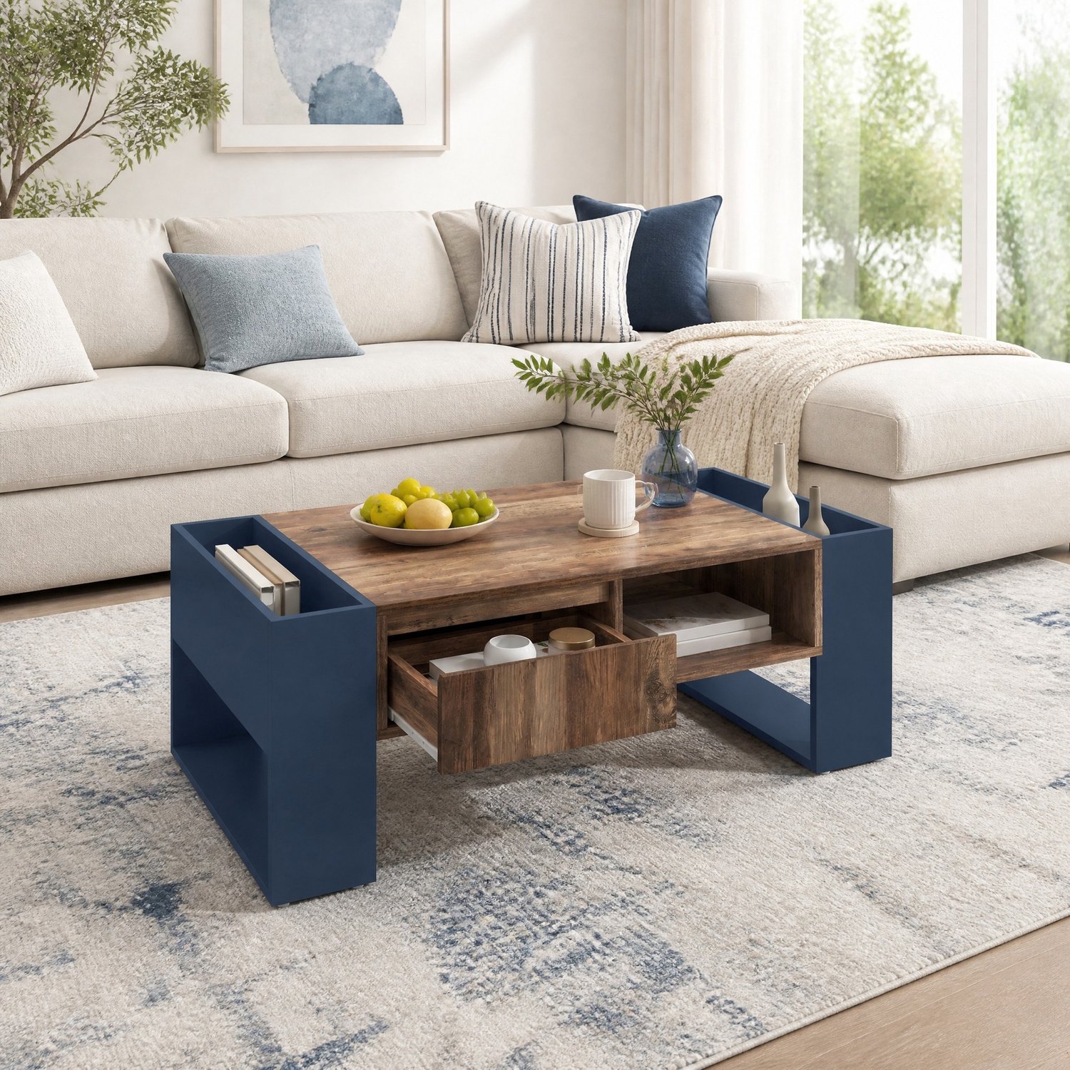 Maisentiel Salontafel 111 x 60 x 40 cm met lade en opbergruimte, spaanplaat, houtkleur/zwartgrijs Antraciet