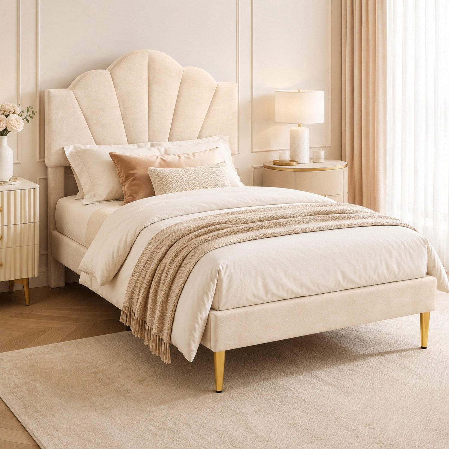 Maisentiel Eenpersoonsbed 90x200 cm met verstelbaar schelpvormig hoofdbord, fluweel, beige