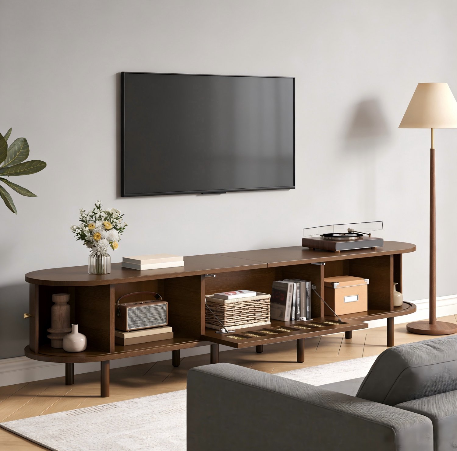Maisentiel TV-meubel 180 x 40 x 40 cm met 5 vakken, MDF en rattanlook, walnootkleur Donker walnootbruin