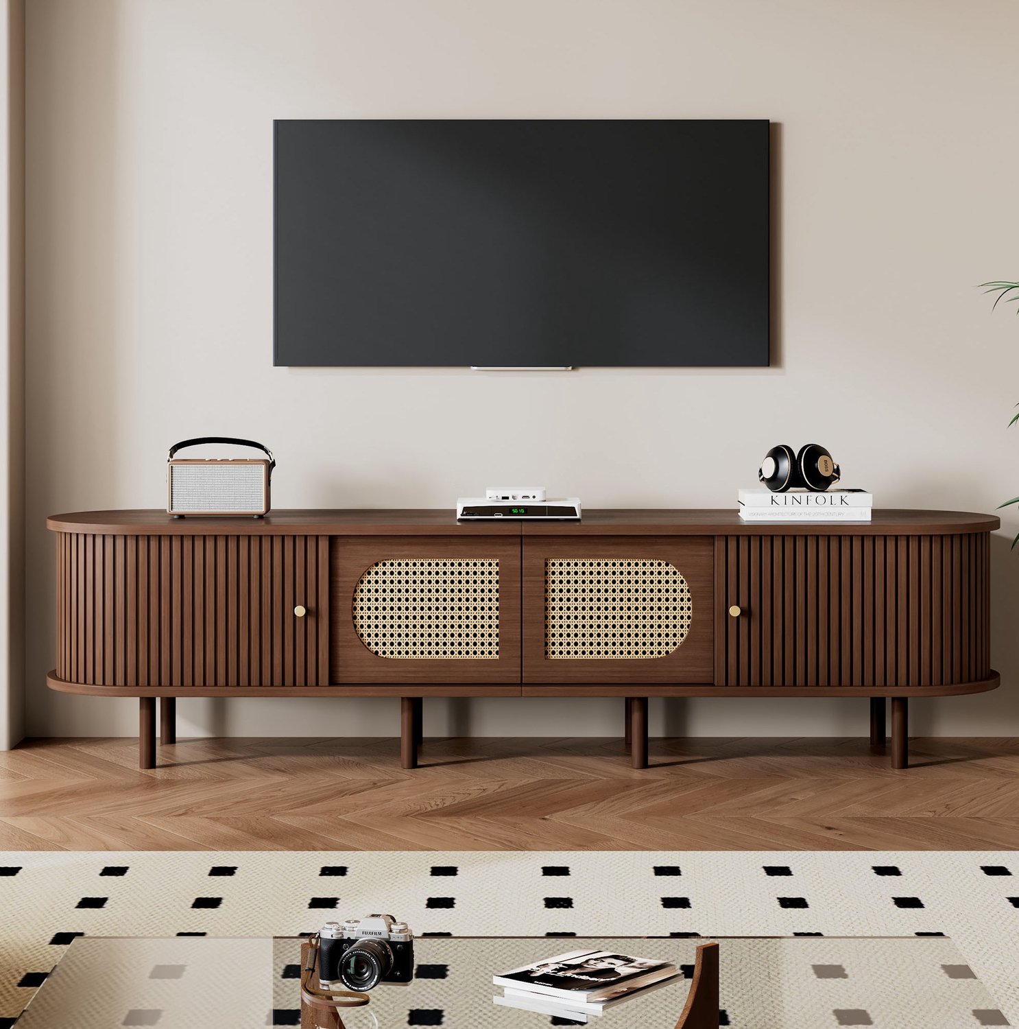Maisentiel TV-meubel 180 x 40 x 40 cm - Rattandesign, 2 roldeuren, MDF, donker eiken Donker walnoot