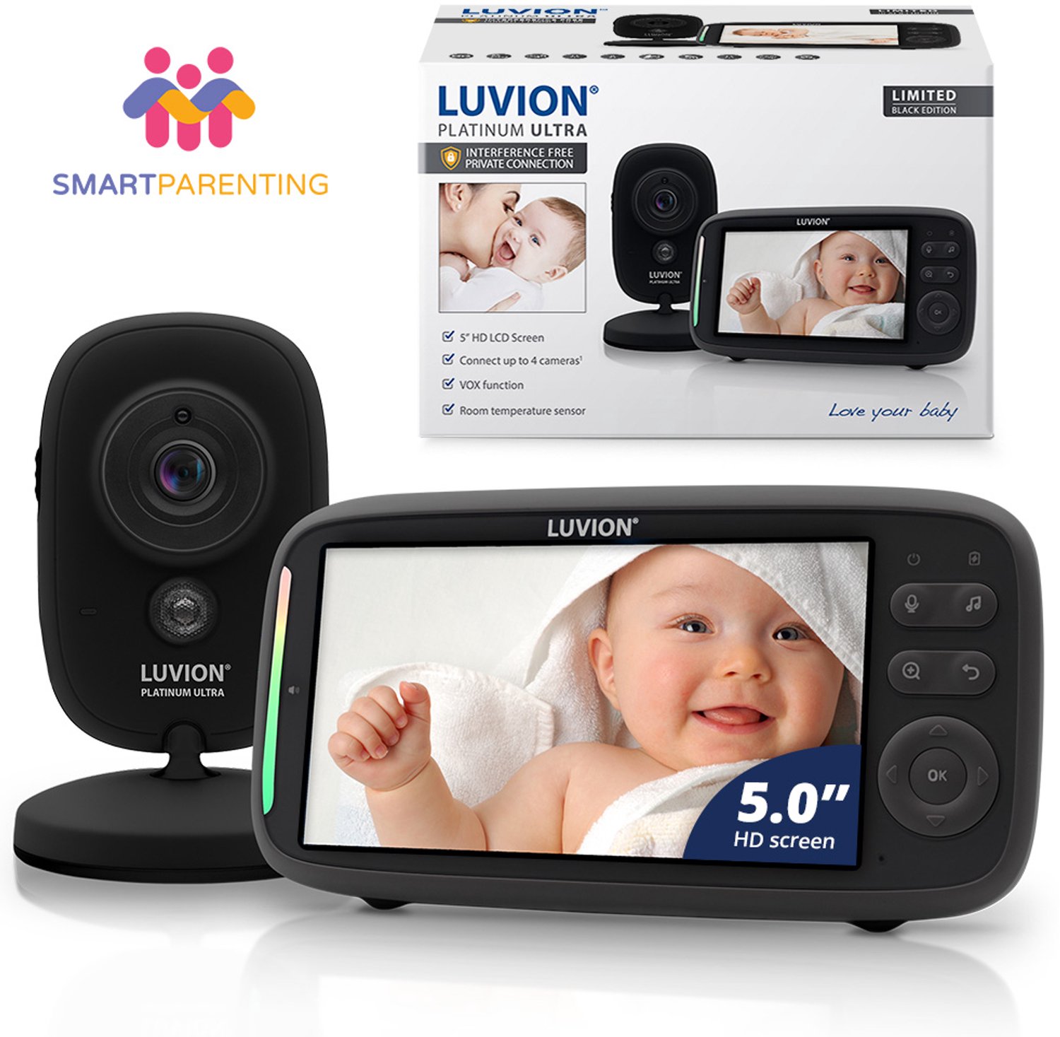 Bol.com LUVION® Platinum Ultra Black - Babyfoon met Camera - Uitbreidbaar tot 4 Baby Camera's - Premium Baby Monitor aanbieding