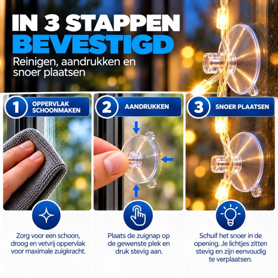 Stappenplan voor het bevestigen van zuignappen: schoonmaken, aandrukken en snoer plaatsen.