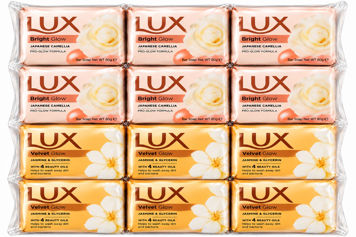 LUX Zeep - Mixset - Voordeelverpakking - 6x Bright Glow 80g & 6x Velvet Glow 90g