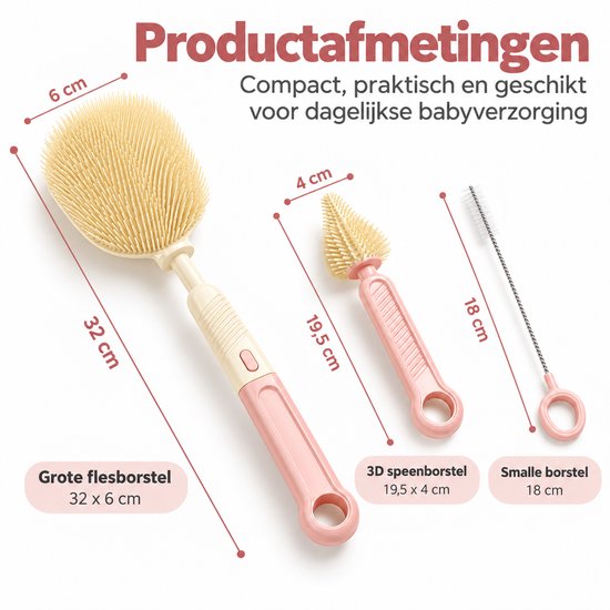 Flessenborstel Set 3-delig - Siliconen - BPA-vrij - Babyflessen - Speenborstel - Rietjesborstel - Roze — afbeelding 3