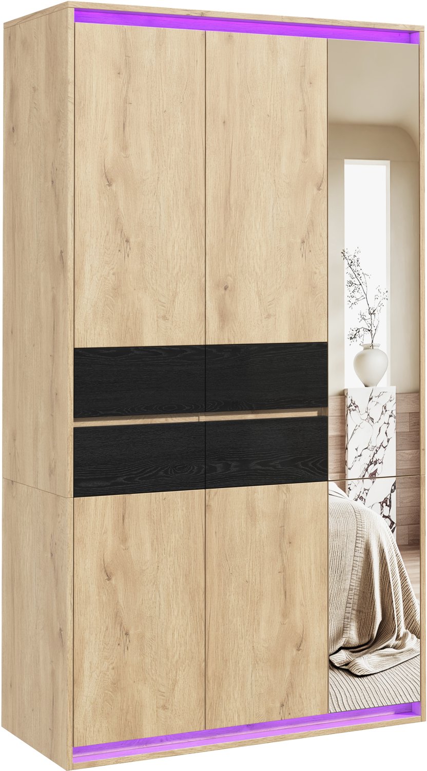 Kledingkast Met Draaideuren - 110 x 47 x 200 cm - 2 Kledingroedes En 4 Lades - Met Spiegel En LED-Verlichting - MDF In Eikenlook Met Zwarte Accenten
