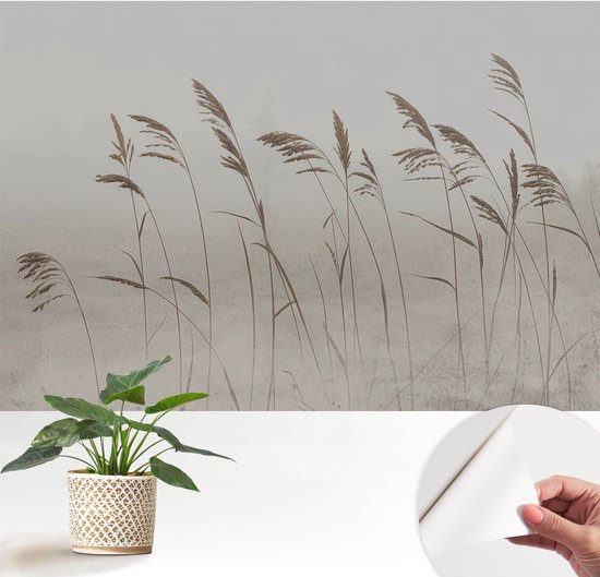 Behang met grassen in de mist, een plant in een sierlijke pot en een hand die de zelfklevende achterkant toont.