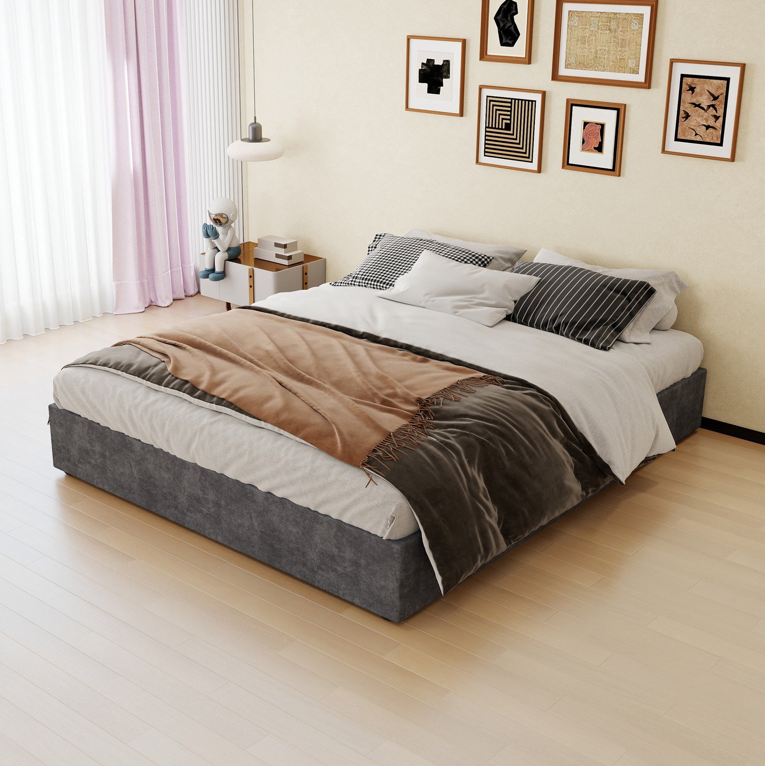 WUVRIE Tweepersoonsbed 160x200 cm - Met matras en gasveren - Grijs
