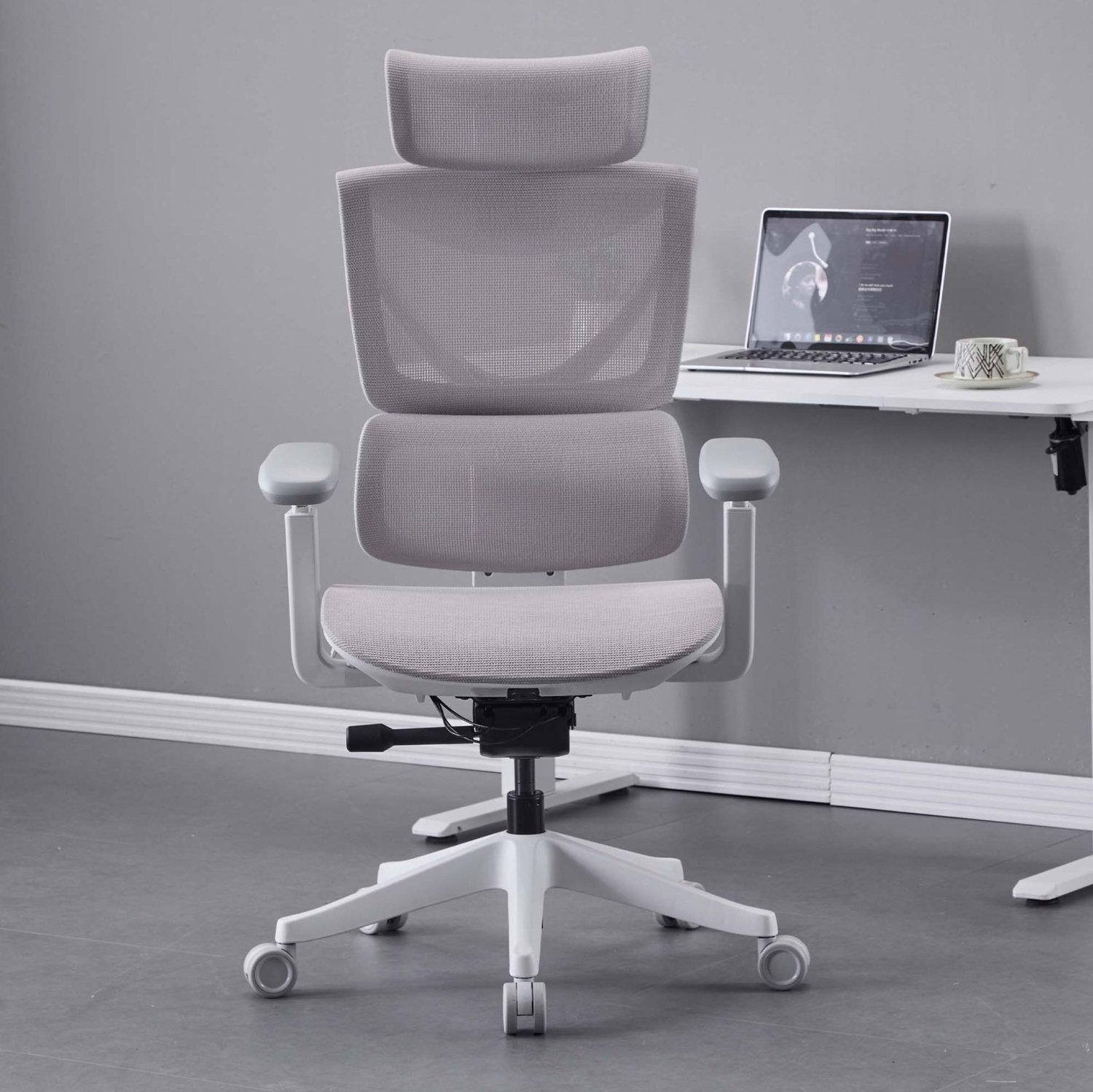 OKWISH Ergonomische Bureaustoel 73,4 Cm - Drieknopsverstelling En Kantelbare Rugleuning - Thuiskantoor - Mesh - Grijs