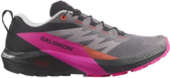 Salomon Sense Ride 5 trailhardloopschoen in grijs met fuchsia roze accenten en Energy Foam zool.