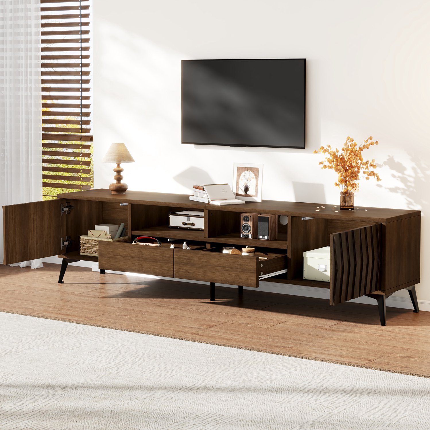 STILVORA TV-Meubel - 2 Deuren, 2 Lades En Kabeldoorvoer - Voor Televisies Tot 75 Inch - Spaanplaat - 180x35x45 Cm - Walnootkleur