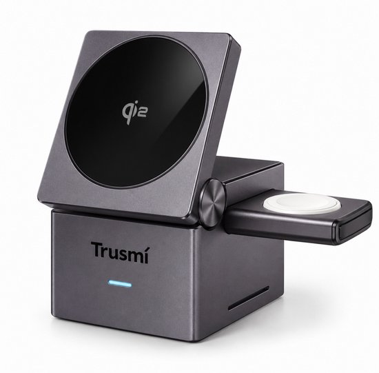 Grijs Trusmi 3-in-1 oplaadstation met Qi2-magnetische houder en zijdelingse smartwatch-oplader.