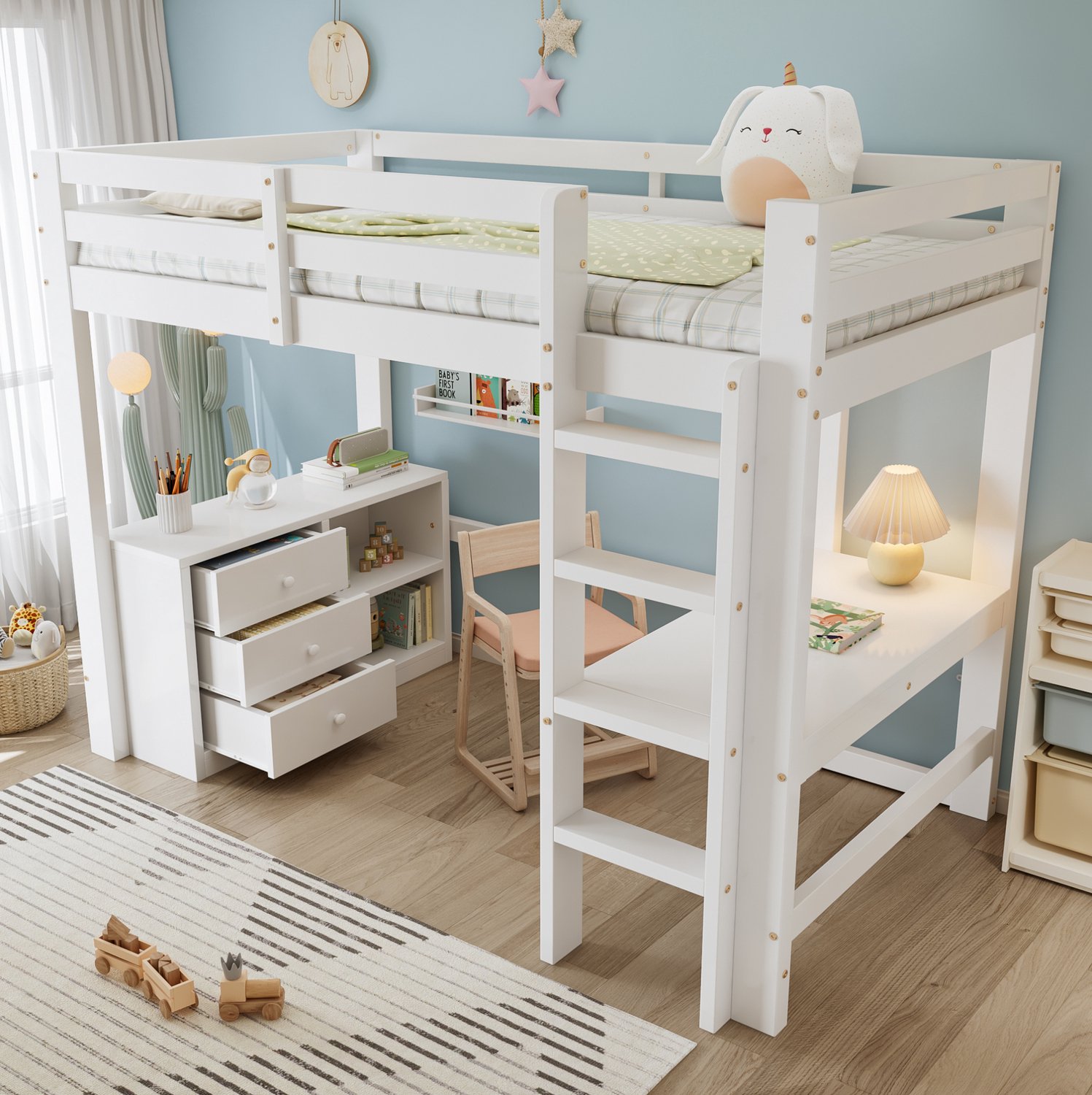 Wishdor Hoogslaper 90x200 cm - Kinderbed met bureau en opbergruimte - Ladekast en vierstapsladder - Lattenbodem - Ruimtebesparend voor kinderkamer - Hout en MDF - Wit