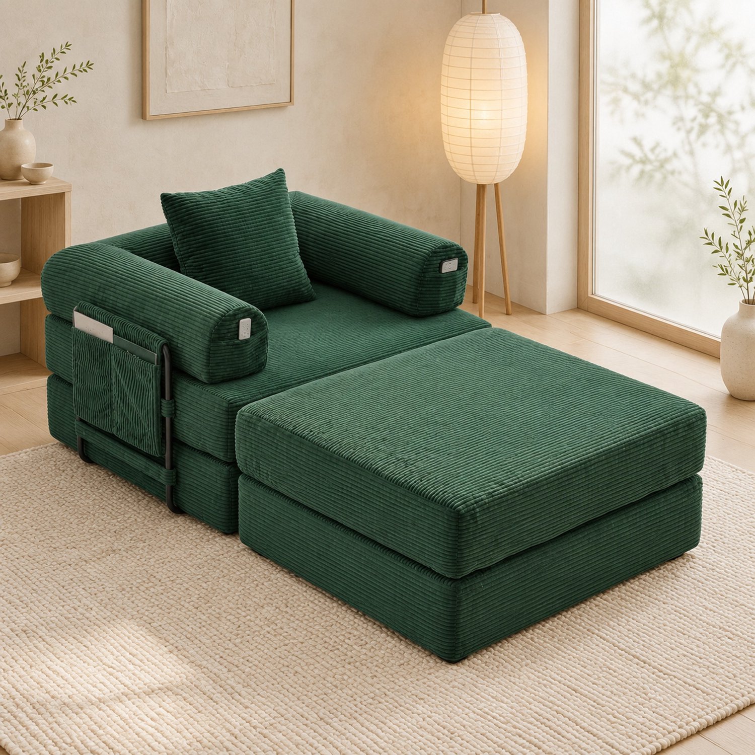 WUVRIE Modulaire fauteuil met hocker - B 190 x D 112 x H 67 cm - Met zijvak en kussen - Smaragdgroen Emerald