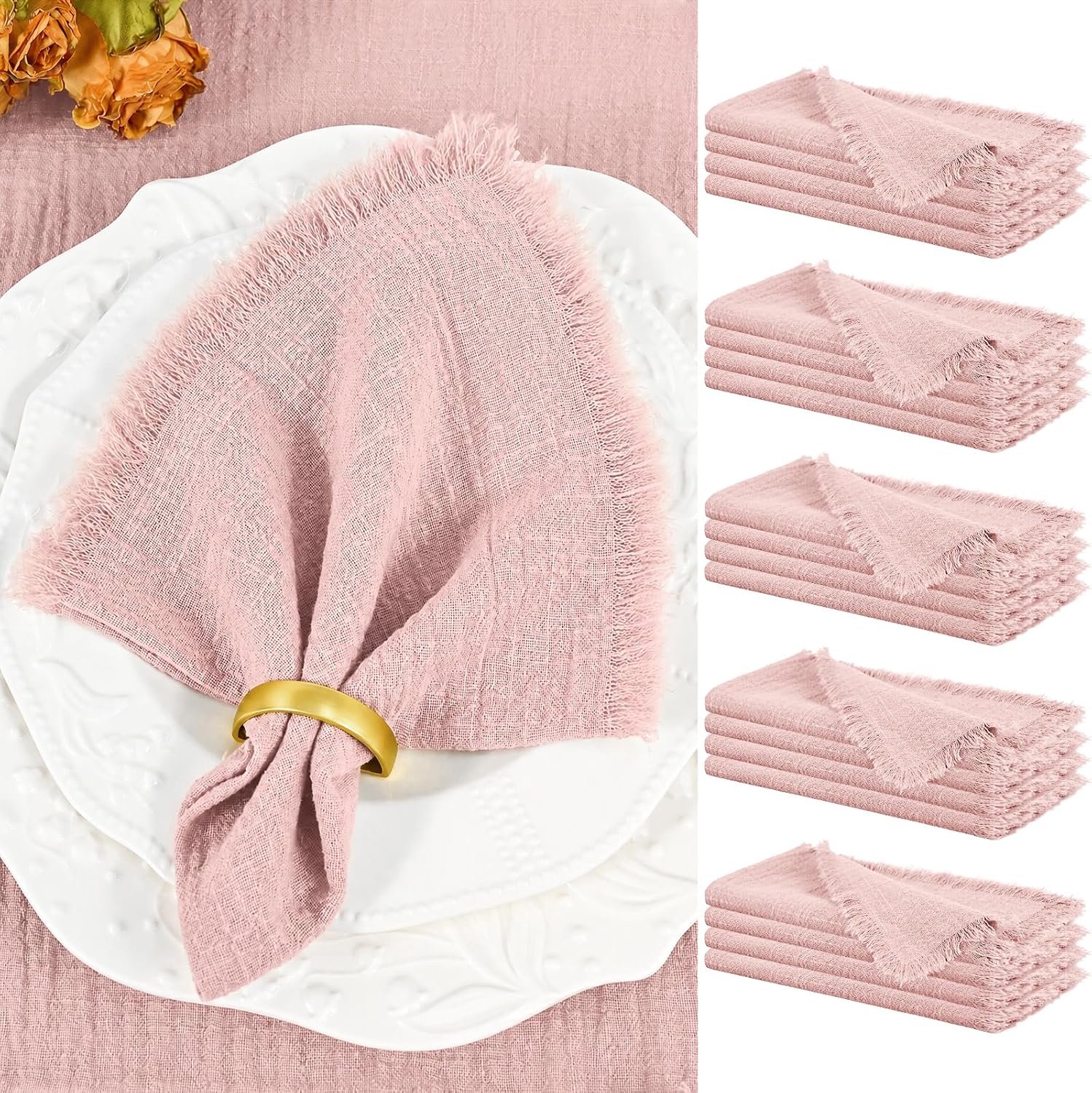 20-Delige set linnen servetten – Dusty Rose – Stoffen servetten voor Pasen en de lente – Wasbaar katoen – Met franjes – 42 x 42 cm – Voor tafeldecoratie bij bruiloften, bruidsborrels, babyshowers en verjaardagen