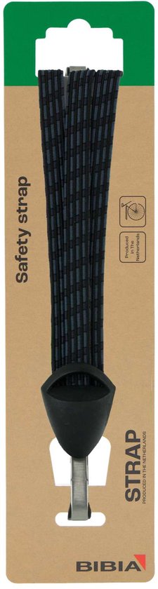 Zwarte, blauwe en grijze Bibia snelbinder op een kartonnen verpakking met de tekst Safety strap.