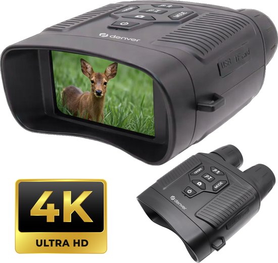 Denver 4K nachtkijker met scherm waarop een ree in gras te zien is, inclusief gouden 4K Ultra HD-label.