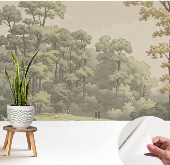 Zelfklevend fotobehang met bosmotief, getoond in een interieur met een kamerplant en een hand die het behang losmaakt.