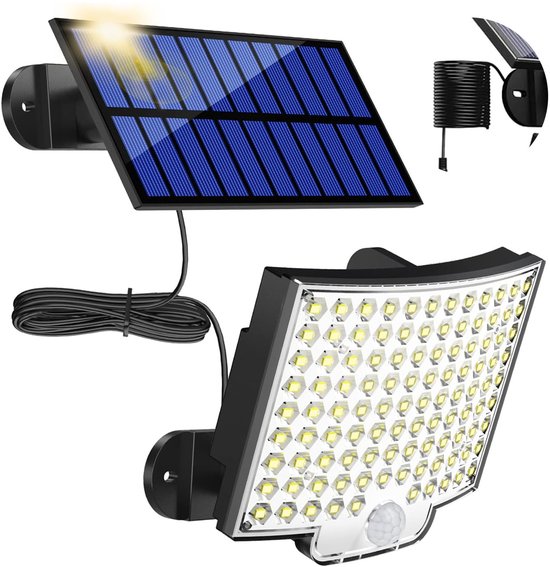 Projecteur solaire noir avec panneau solaire séparé et long câble de connexion.