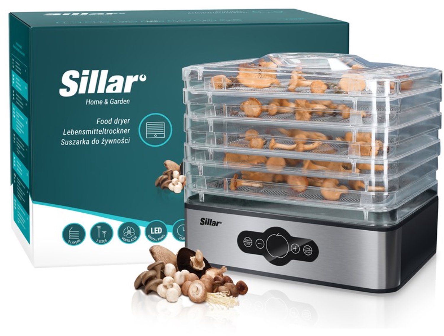 Sillar Voedseldroger - Droogoven met Timer - Voedseldroogoven 240W - Instelbare Temperatuur 35–70°C - 5 Laags - RVS - voor Fruit Vlees Groenten Kruiden en Paddenstoelen