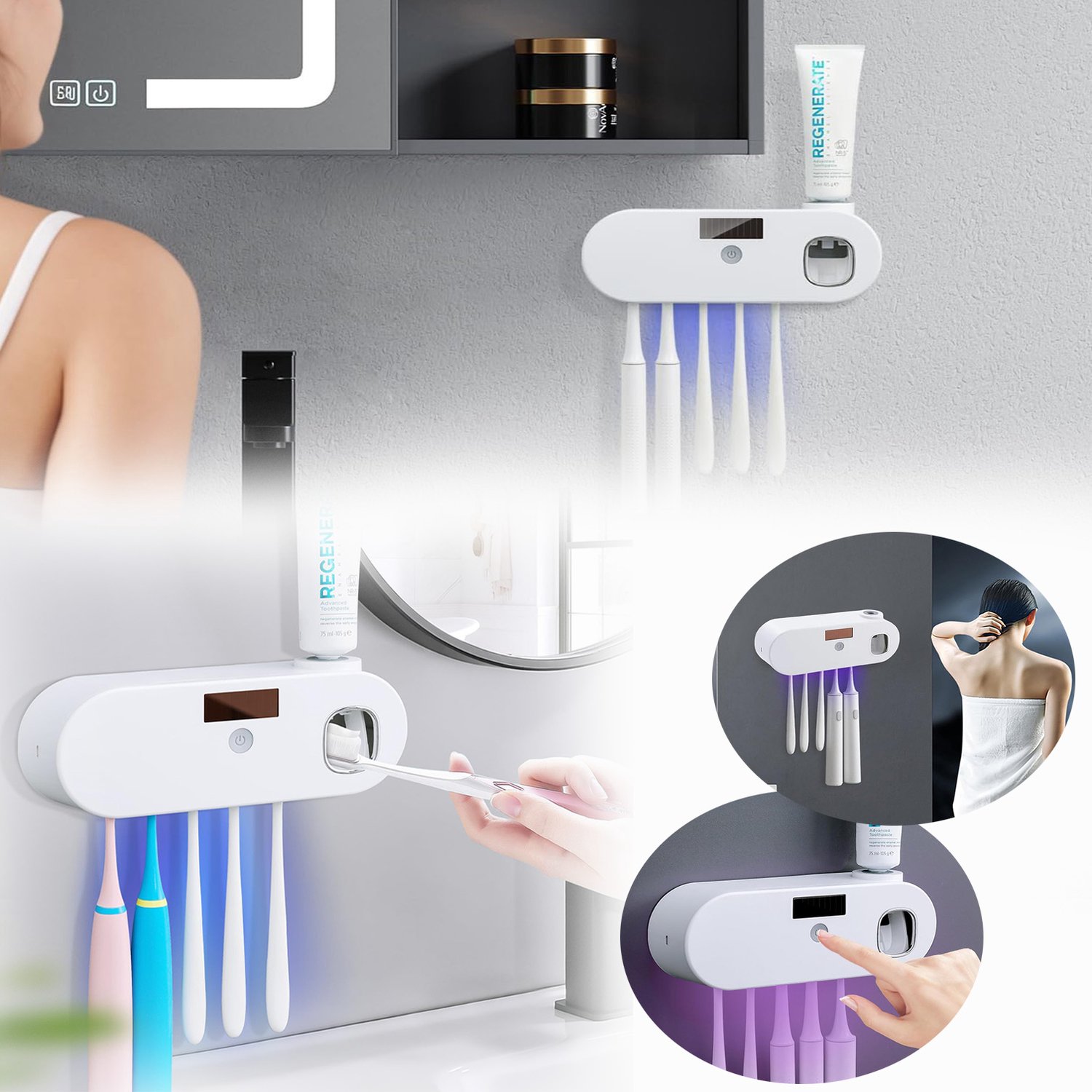 Tandenborstelhouder Voor Wandmontage, Elektrische Tandenborstelhouder Met Tandpasta Dispenser, Uv-Tandenborstel Sterilisator-Etui