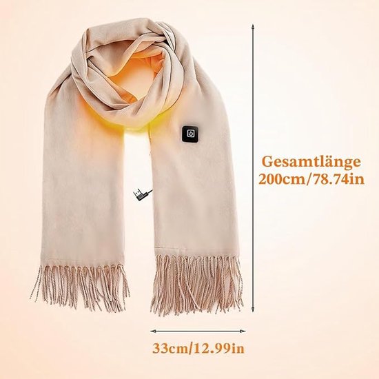 Beige verwarmde sjaal van 200 cm bij 33 cm met USB-aansluiting en knop.