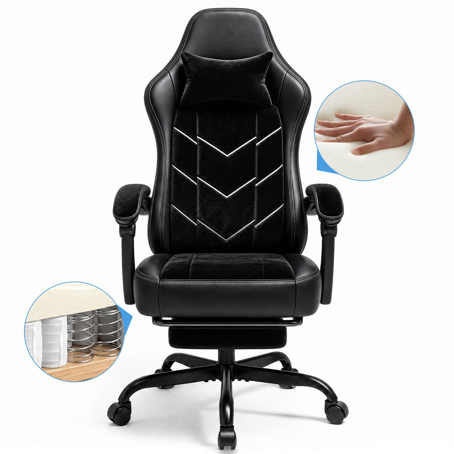 Devoko Game Stoel - Ergonomische Gamestoel - Unieke zijde - katoen stof - Individuele veerkern - Gaming chair met Uitschuifbare Voetensteun-Bureaustoel met hoofdsteun en lendensteun- 150 kg - Zwart