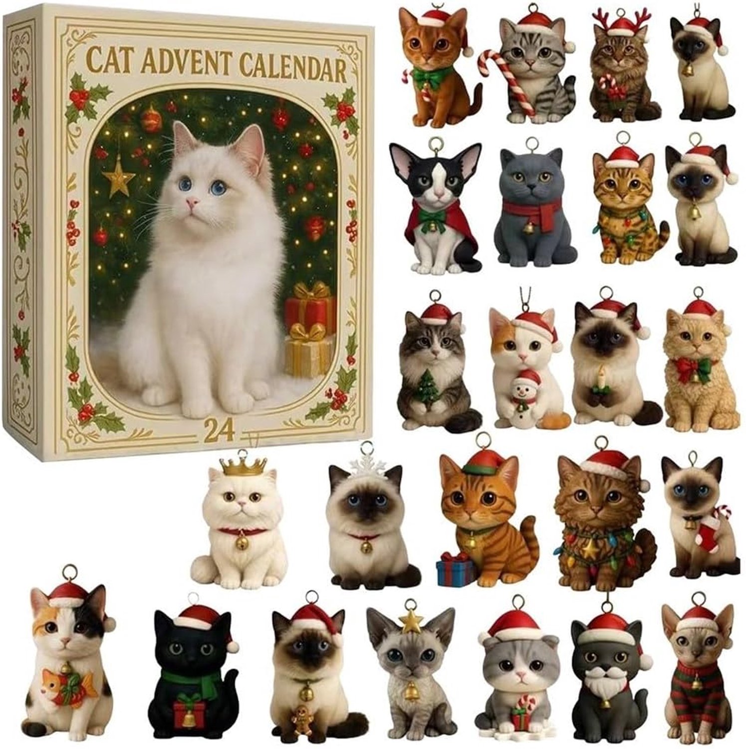 Adventskalender 2026 voor kattenliefhebbers met 24 kattenfiguren - unieke kattenrassen, meerkleurig, aftellen naar Kerstmis, set acrylornamenten voor in huis of in de kerstboom