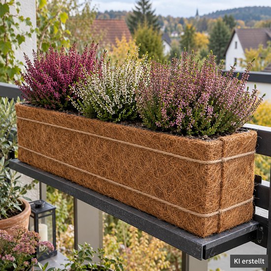 Langwerpige rechthoekige kokosvezel plantenbak met touwdetails, gevuld met roze en witte heide op een balkon.