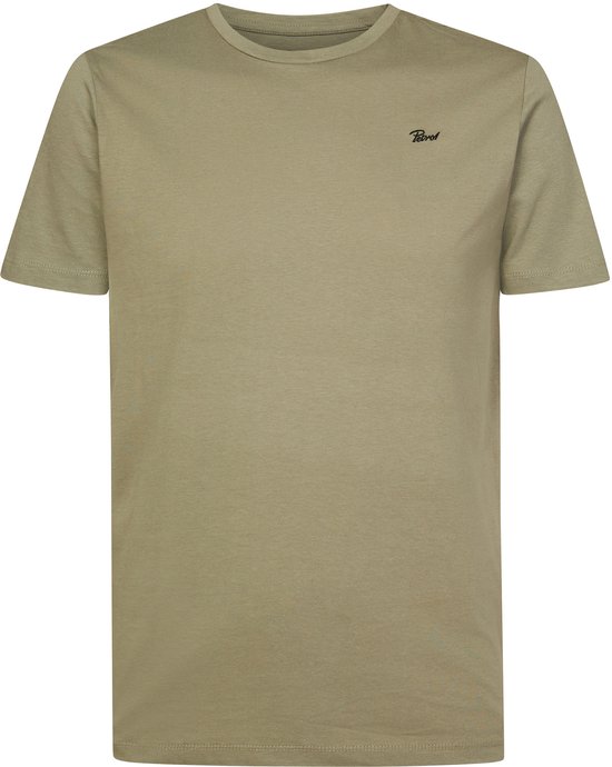 Olijfgroen T-shirt met ronde hals, korte mouwen en zwart Petrol-logo op de borst.