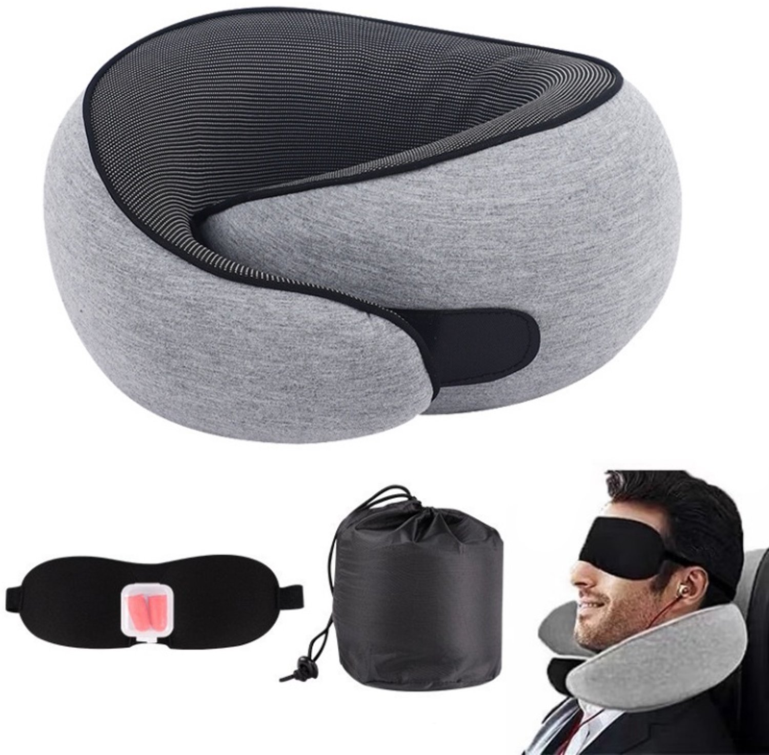 Reis Nekkussen - Memory Foam - Ergonomisch Reiskussen voor Vliegtuig, Auto & Kantoor - Inclusief Slaapmasker, Oordoppen & Opbergzak - Grijs