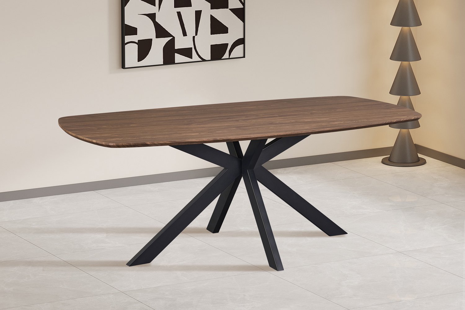 Aziz Deens Ovale Eettafel – 200 x 100 cm – Donkere Eikenlook – Zwarte Metalen Matrixpoot