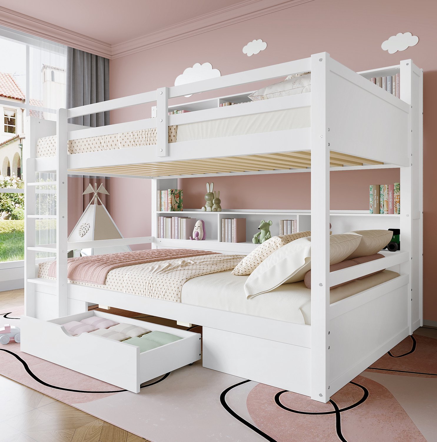 COVREO Stapelbed met lade en vakken – 90x200 cm – Hoog laag bed met veiligheidshek – voor kinderen – Wit - zonder matras