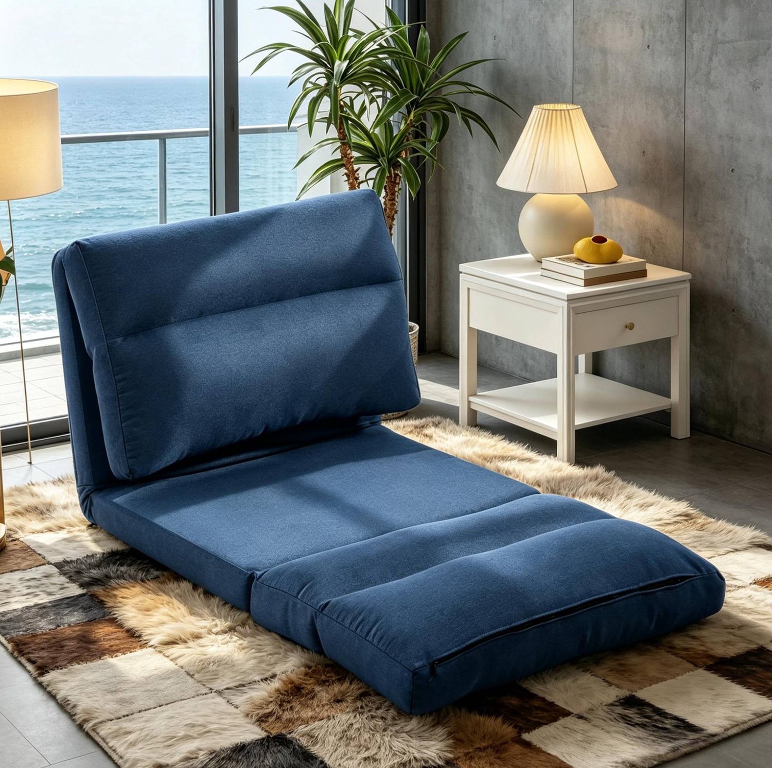 Wishdor Verstelbare relaxfauteuil - Vijf standen en ligfunctie - Handmatig verstelbare rugleuning - Als fauteuil ligstoel of extra bed - Polyester stof - Donkerblauw - 70 x 72 x 56 cm