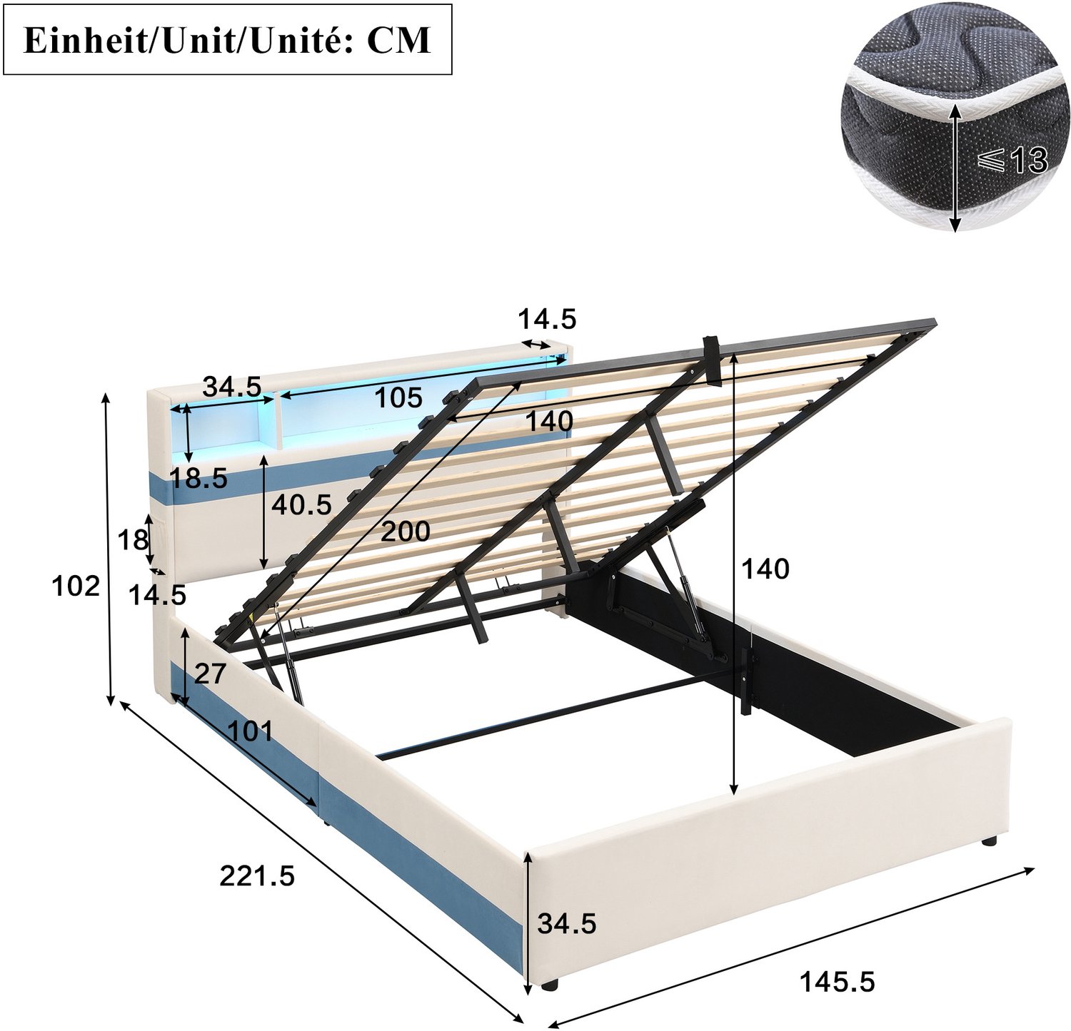 DESMIU Gestoffeerd Bed 140 x 200 cm – Hydraulische Opbergruimte – Ledverlichting & USB-Laadpunten – Fluweel – Wit/Blauw – Zonder Matras