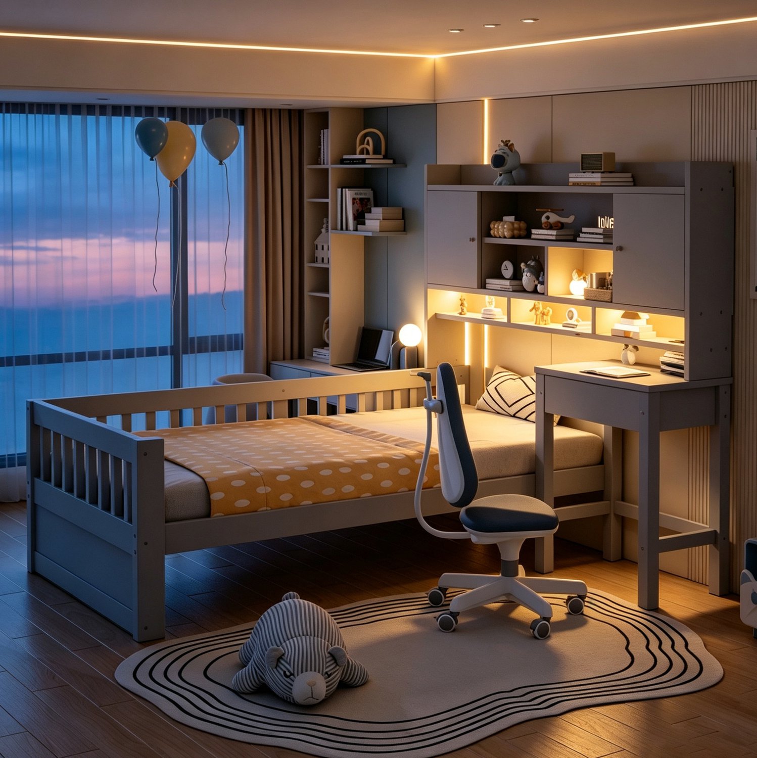 COVREO Kinderbed met bureau – 90x200 cm – Eenpersoonsbed met LED en stopcontact – Bedframe met veiligheidshek – Grijs - zonder matras