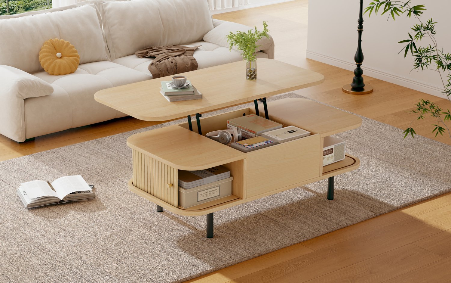 COVREO Salontafel met hefblad – 101 x 51 x 52,5 cm – Zeteltafel met opbergruimte – MDF werkblad voor woonkamer – Naturel Natuurlijke houtkleur